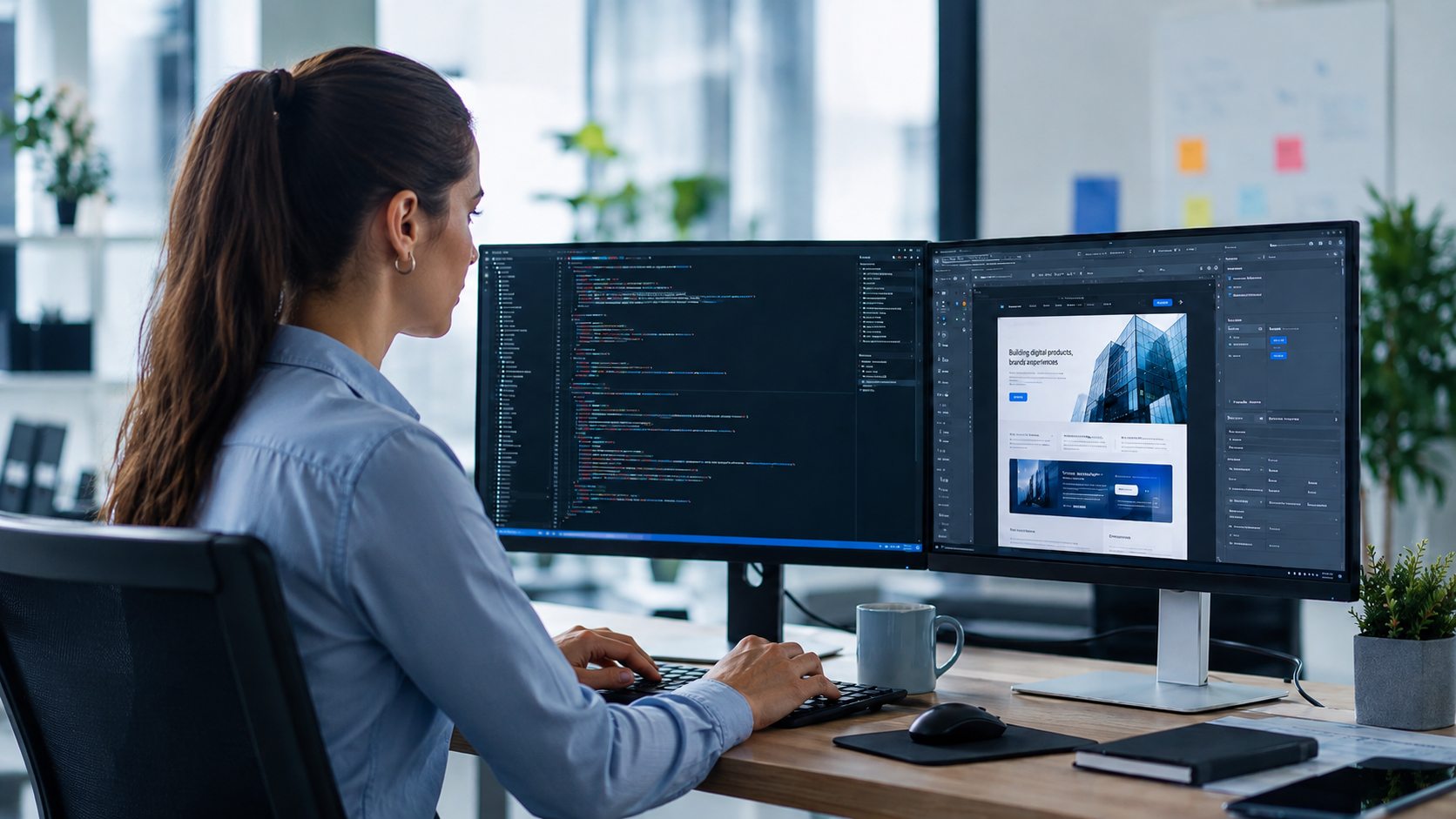 Profissional mulher trabalhando com desenvolvimento de software e criação de sites